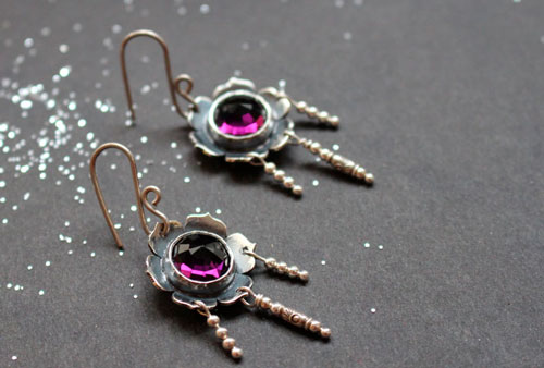 Violet, flower earrings in silver and violet colored glass cabochon