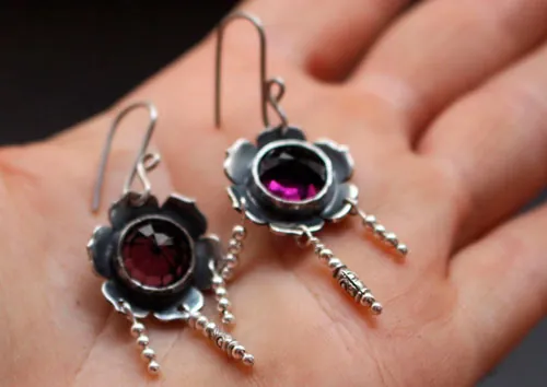 Violet, flower earrings in silver and violet colored glass cabochon