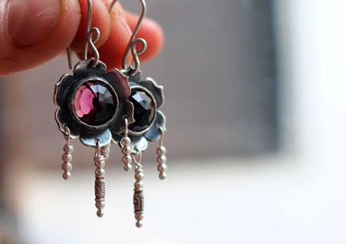 Violet, flower earrings in silver and violet colored glass cabochon