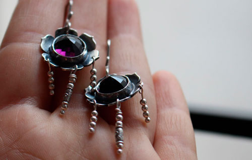 Violet, flower earrings in silver and violet colored glass cabochon