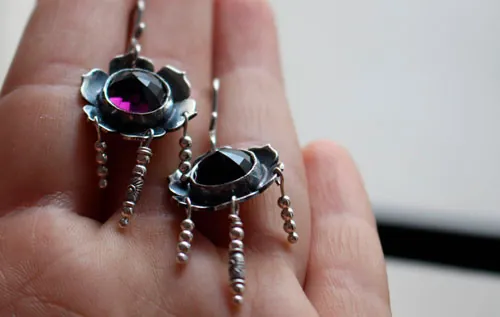 Violet, flower earrings in silver and violet colored glass cabochon