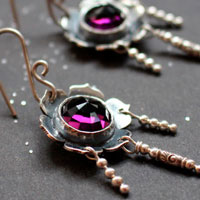 Violet, flower earrings in silver and violet colored glass cabochon