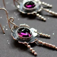 Violet, flower earrings in silver and violet colored glass cabochon