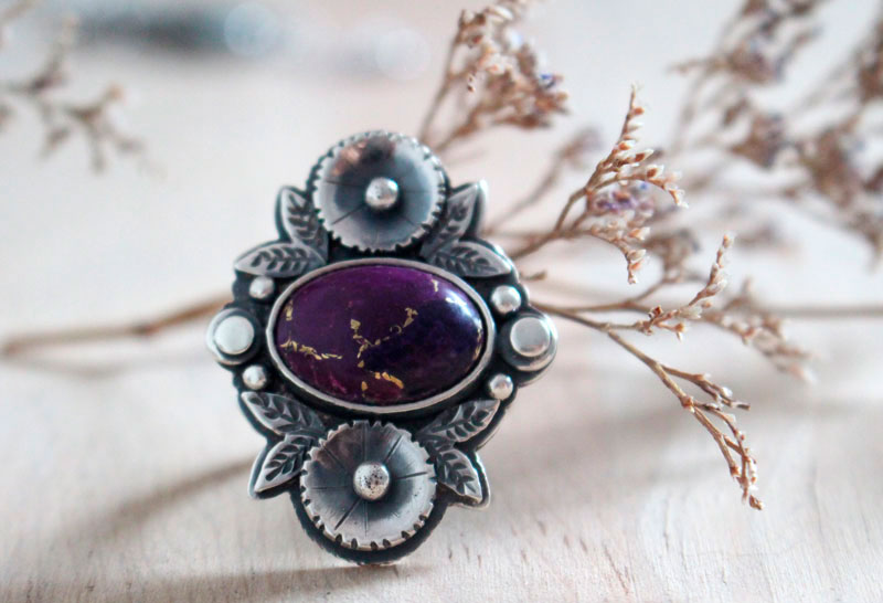Violet, flower garden ring in silver and turquoise
