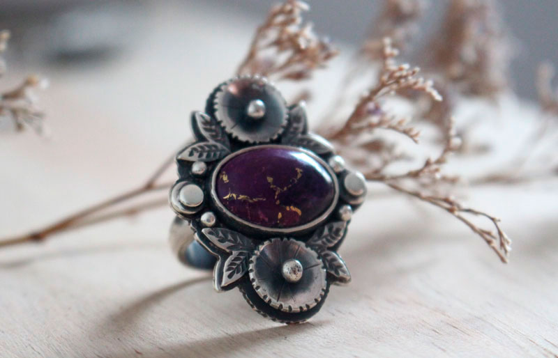 Violet, flower garden ring in silver and turquoise