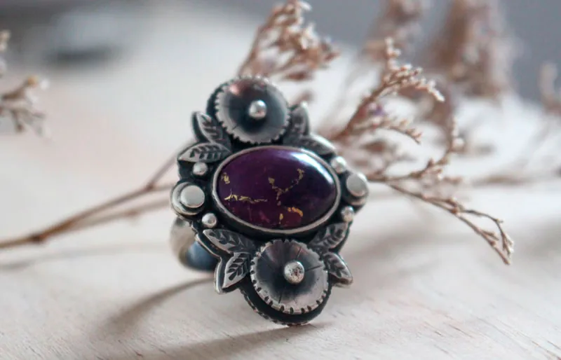 Violet, flower garden ring in silver and turquoise