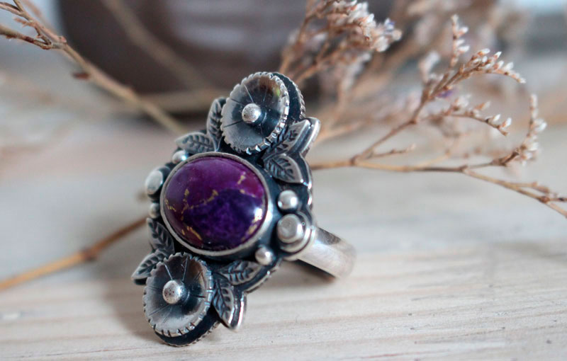 Violet, flower garden ring in silver and turquoise