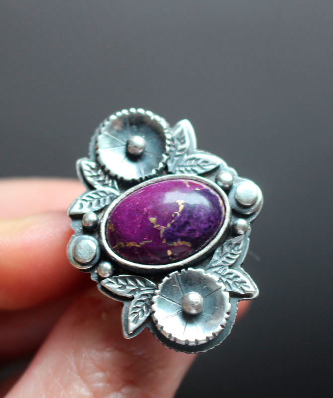 Violet, flower garden ring in silver and turquoise