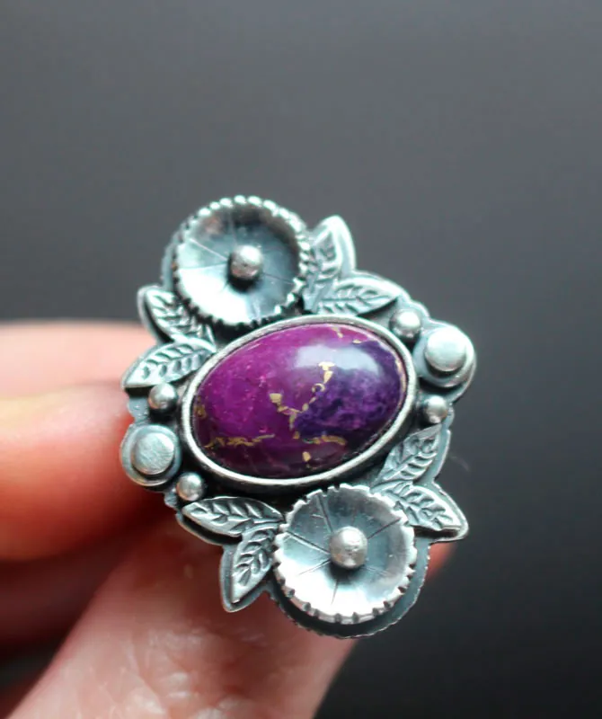 Violet, flower garden ring in silver and turquoise