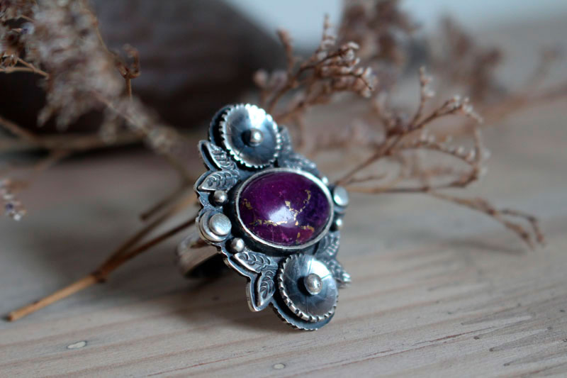 Violet, flower garden ring in silver and turquoise