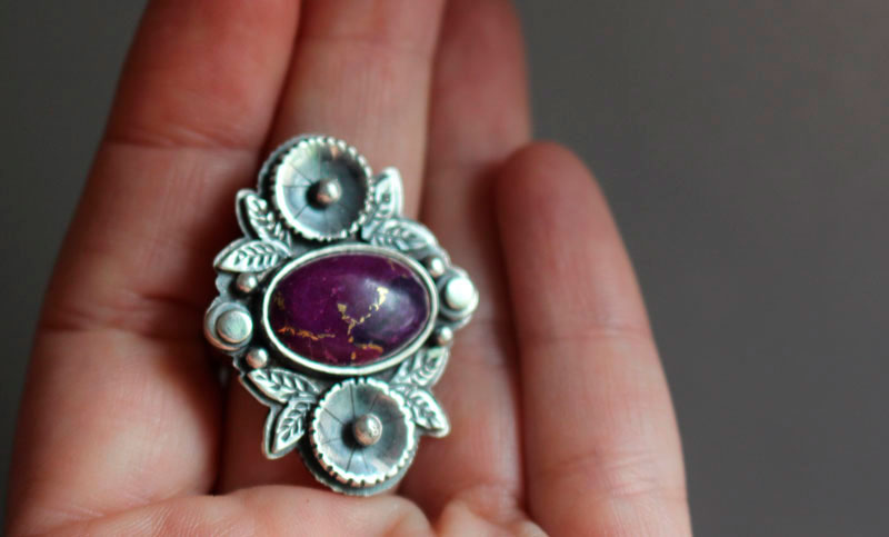 Violet, flower garden ring in silver and turquoise