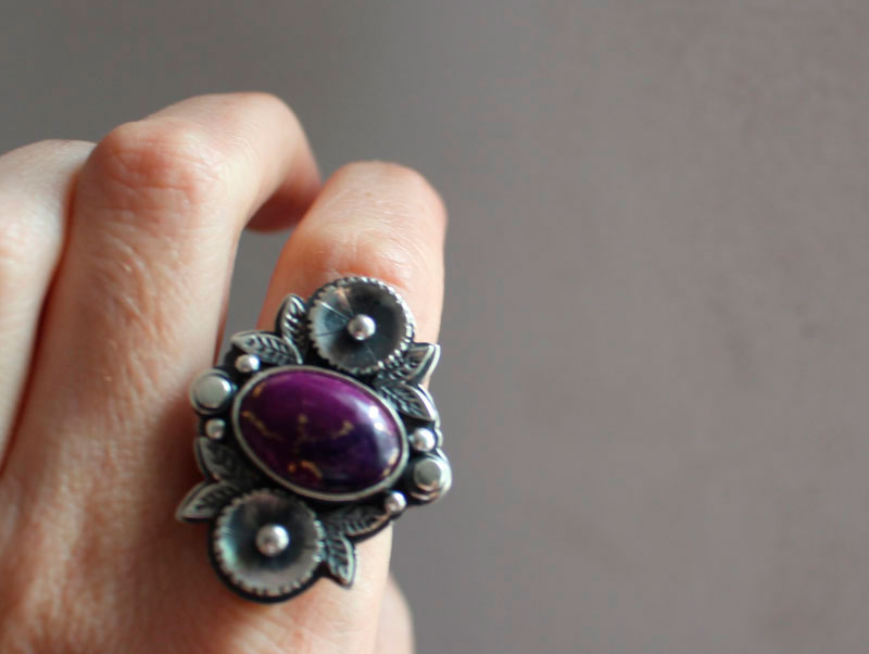Violet, flower garden ring in silver and turquoise