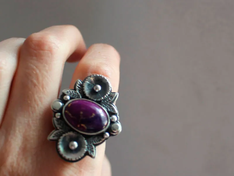 Violet, flower garden ring in silver and turquoise
