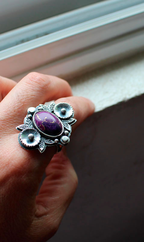 Violet, flower garden ring in silver and turquoise