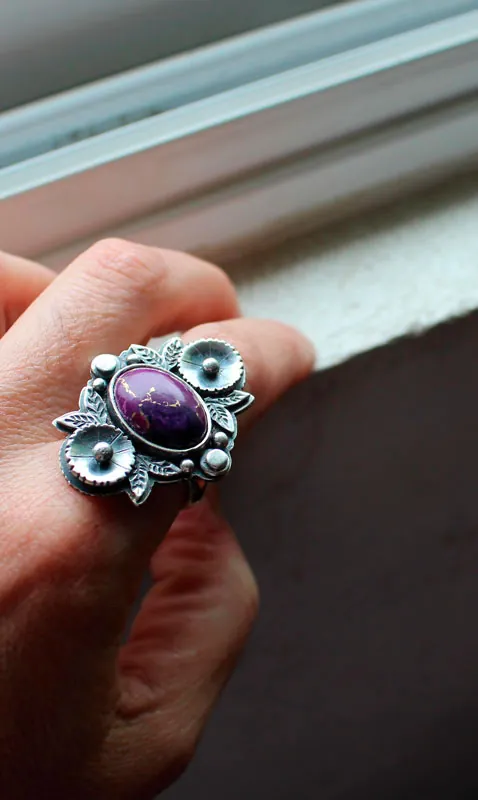 Violet, flower garden ring in silver and turquoise