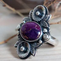 Violet, flower garden ring in silver and turquoise