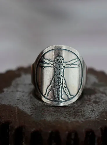 Vitruvius, Vitruvian man inspired by Leonardo da Vinci ring in silver
