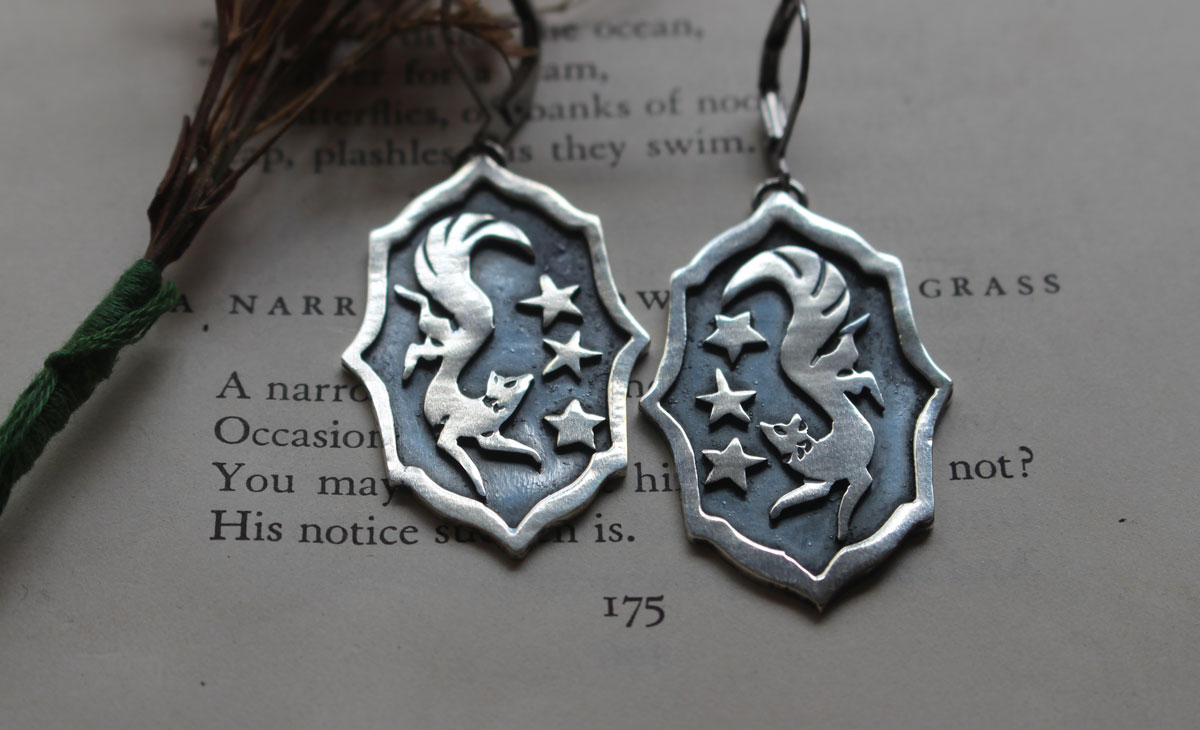 Vulpecula, nocturnal fox earrings sterling silver