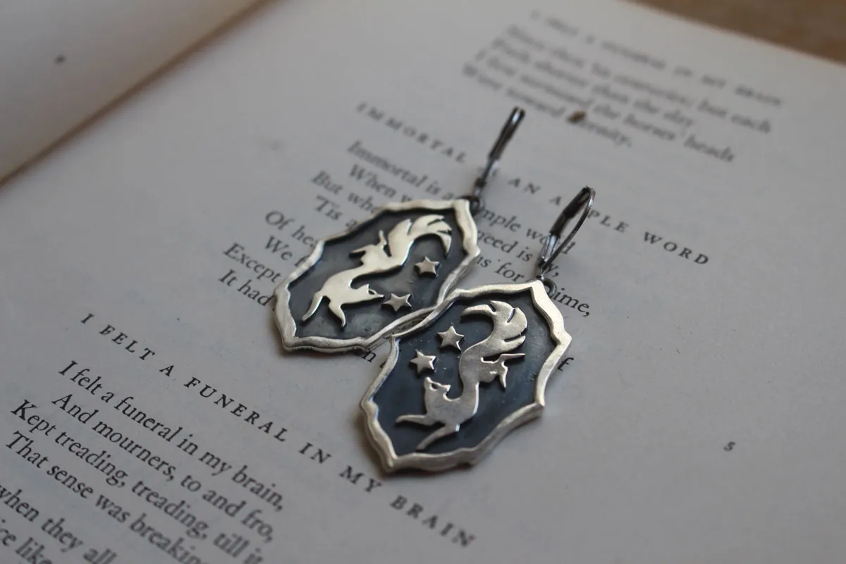 Vulpecula, nocturnal fox earrings sterling silver