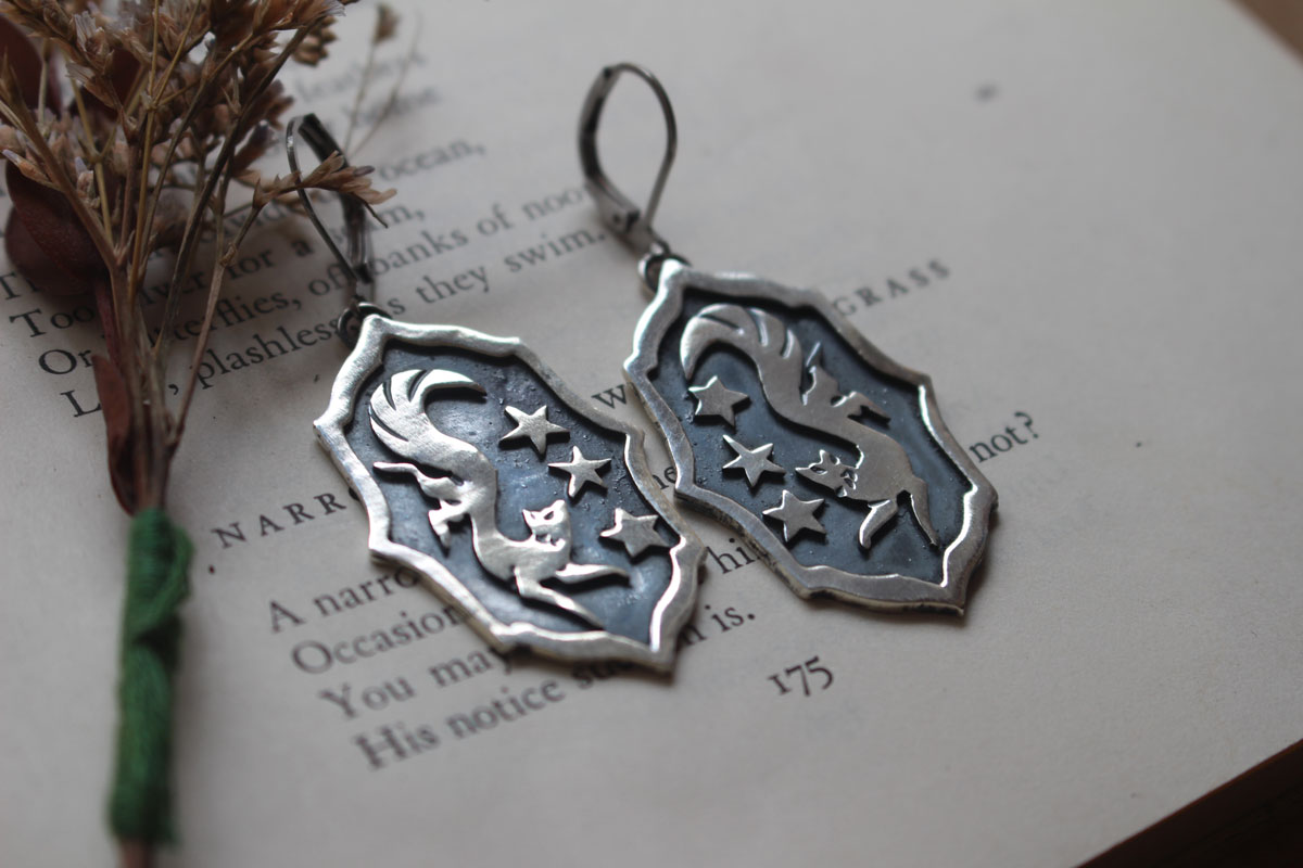 Vulpecula, nocturnal fox earrings sterling silver