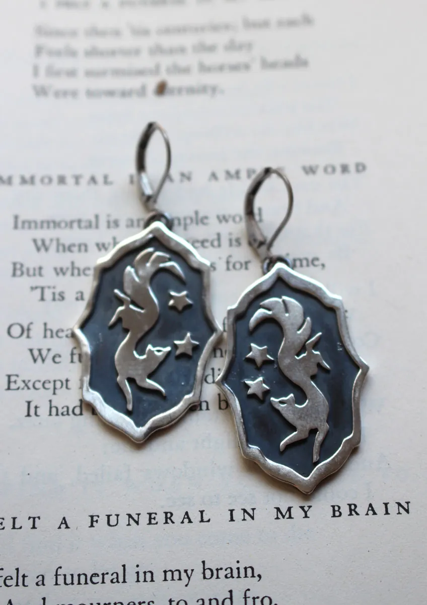 Vulpecula, nocturnal fox earrings sterling silver