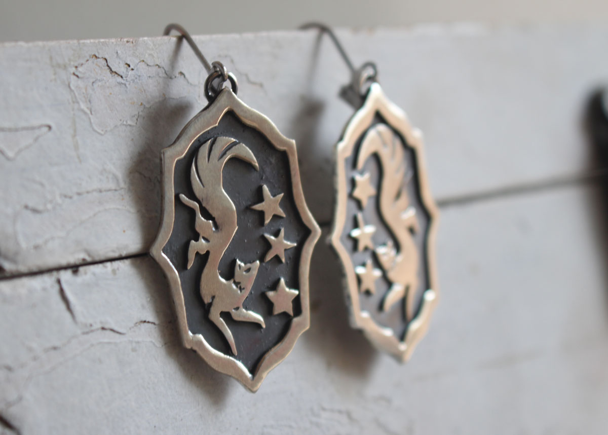 Vulpecula, nocturnal fox earrings sterling silver