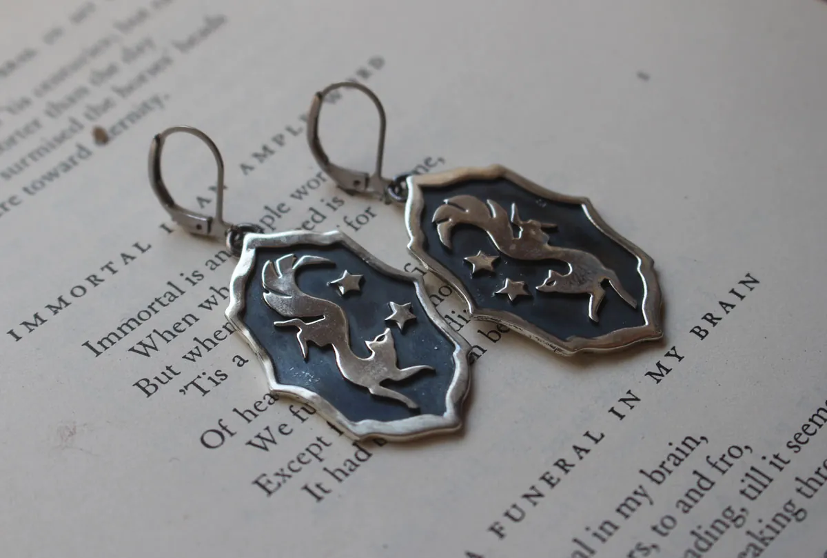 Vulpecula, nocturnal fox earrings sterling silver