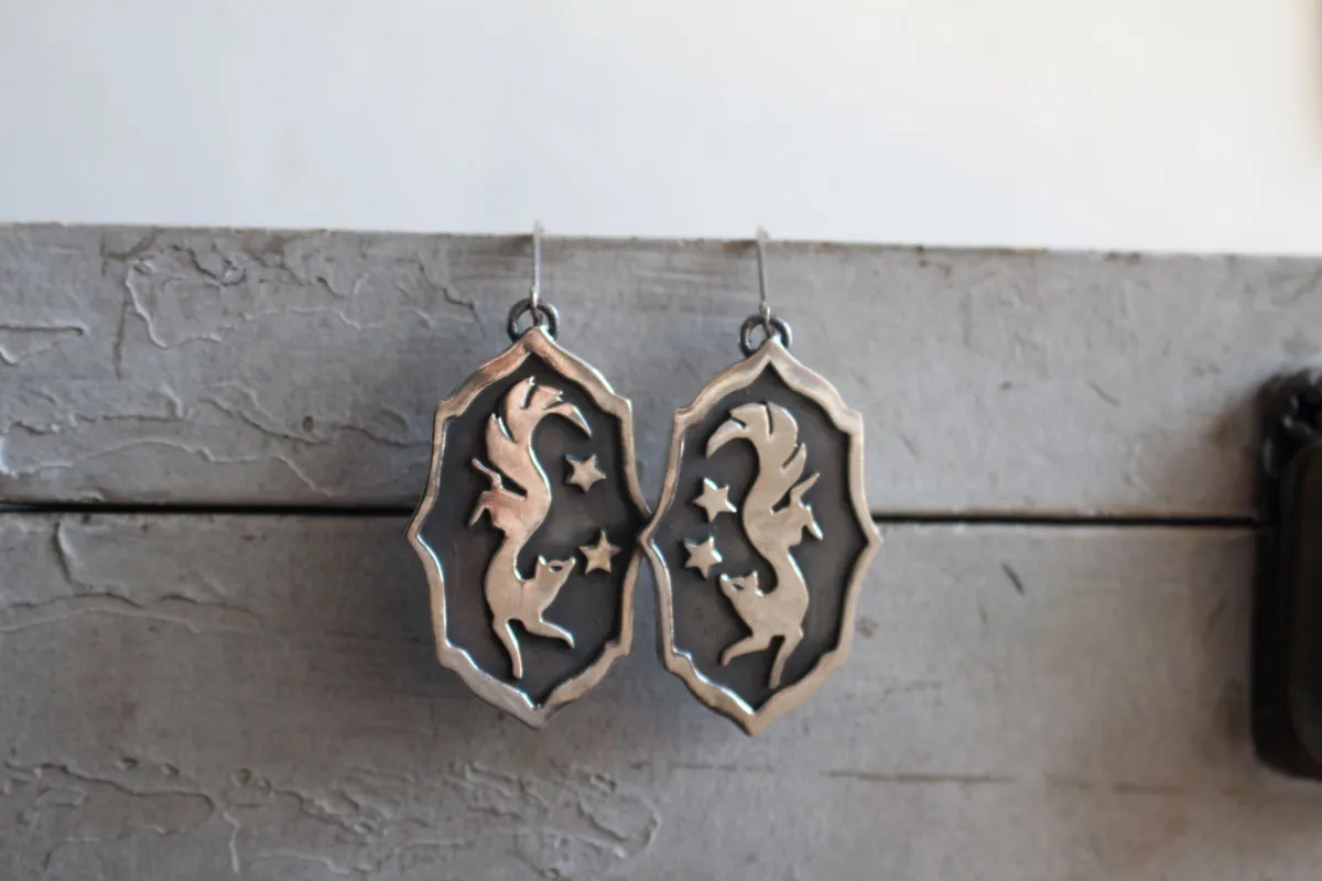 Vulpecula, nocturnal fox earrings sterling silver