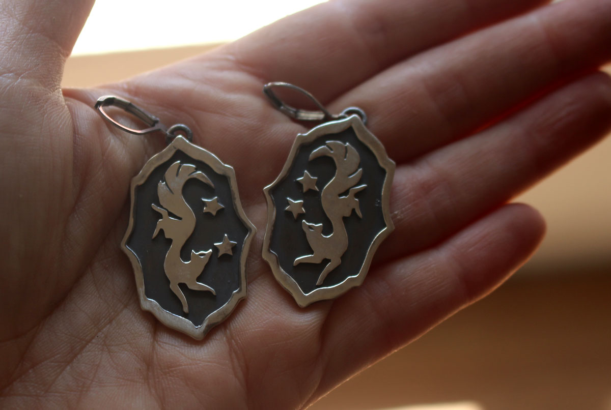 Vulpecula, nocturnal fox earrings sterling silver