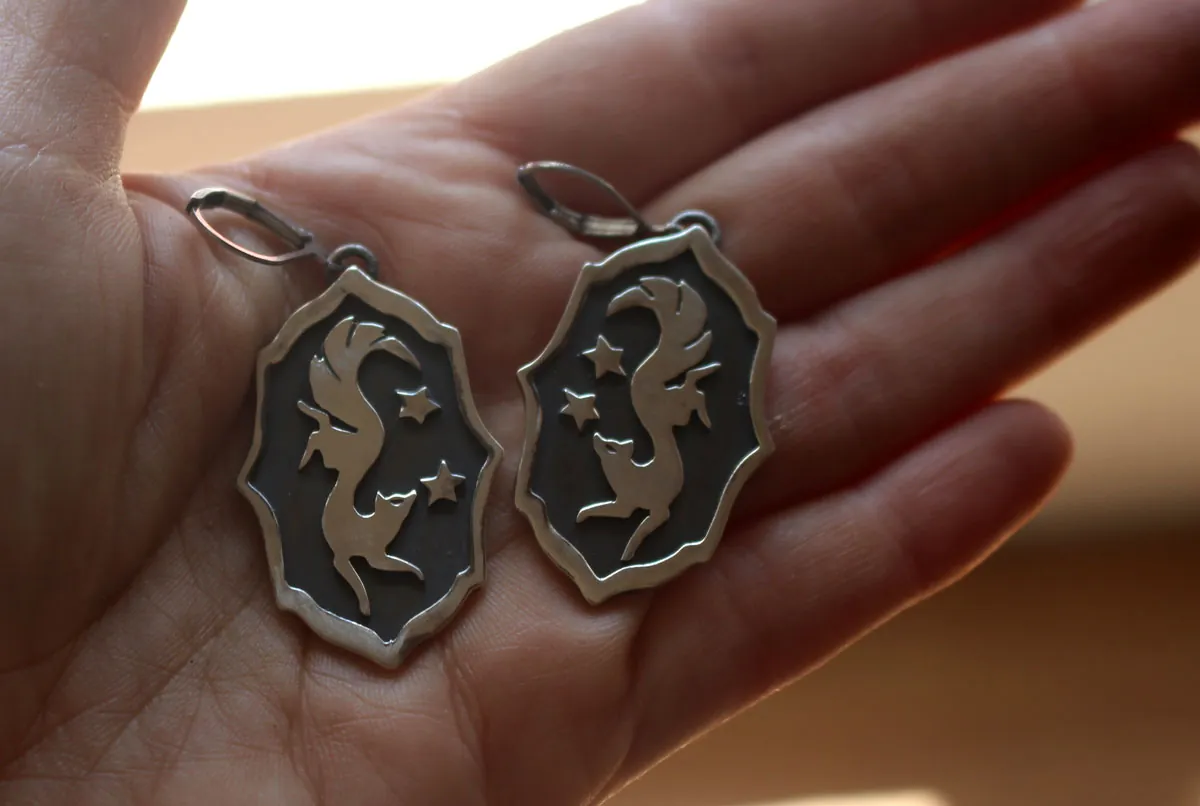 Vulpecula, nocturnal fox earrings sterling silver