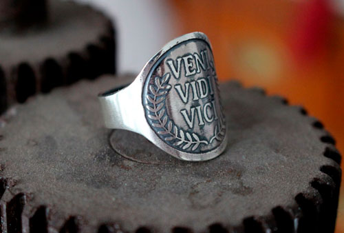 Veni, vidi, vici, roman quote ring by Julius Caesar in sterling silver