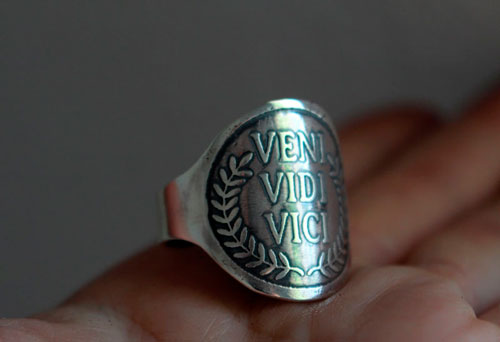 Veni, vidi, vici, roman quote ring by Julius Caesar in sterling silver