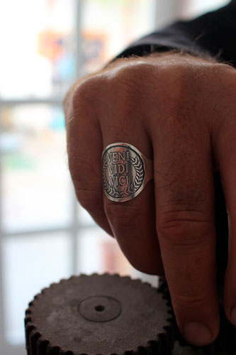 Veni, vidi, vici, roman quote ring by Julius Caesar in sterling silver