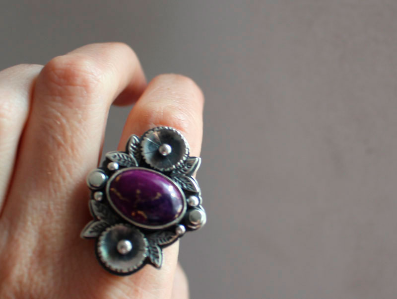 Violet, flower ring in sterling silver and turquoise