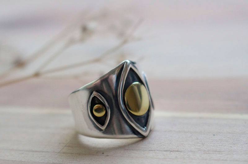 Vision, eye ring in sterling silver and brass