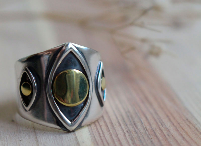 Vision, eye ring in sterling silver and brass