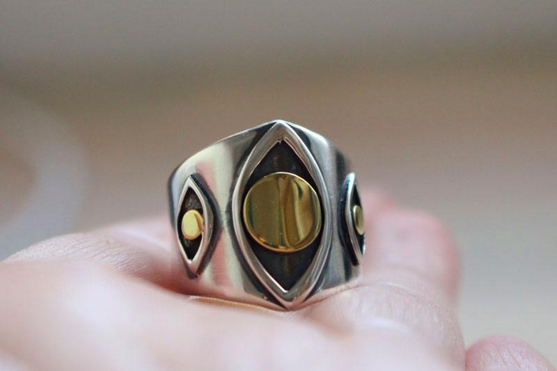 Vision, eye ring in sterling silver and brass