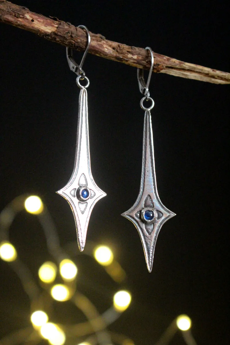 Warrior star, celestial sword earrings in silver and blue zircon