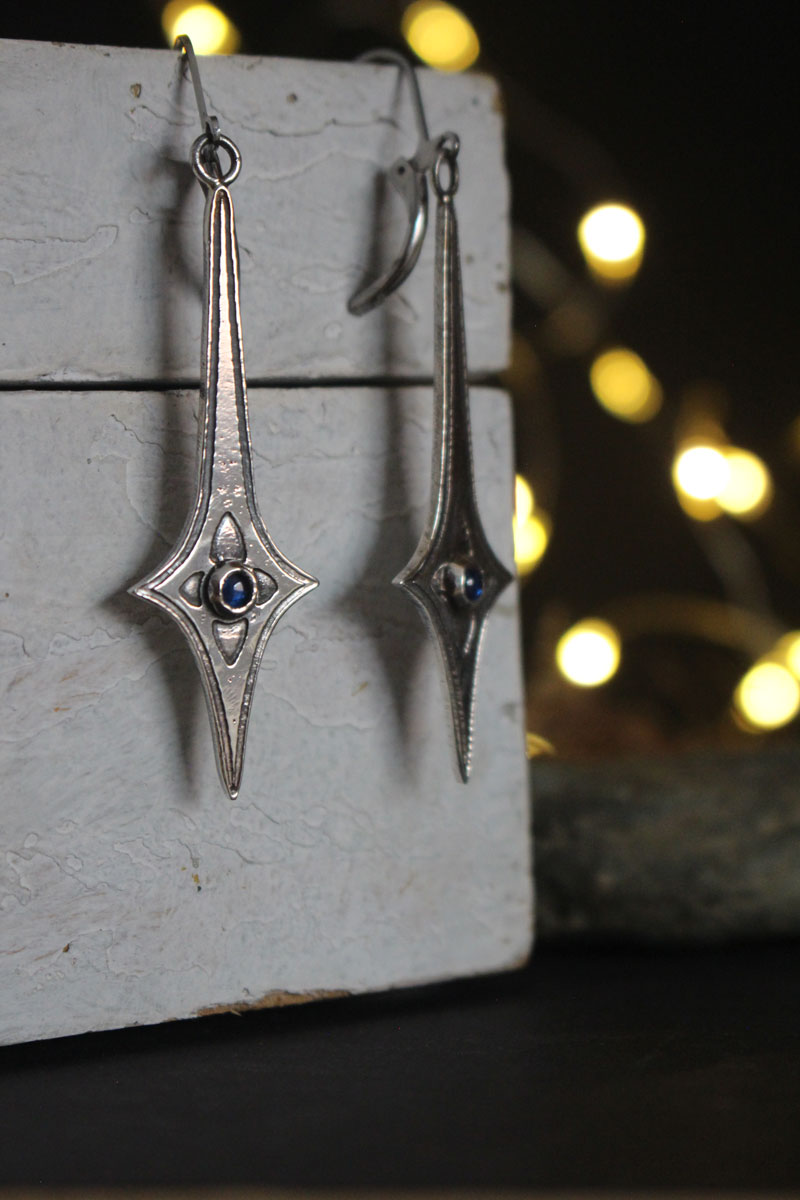 Warrior star, celestial sword earrings in silver and blue zircon
