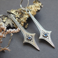 Warrior star, celestial sword earrings in silver and blue zircon