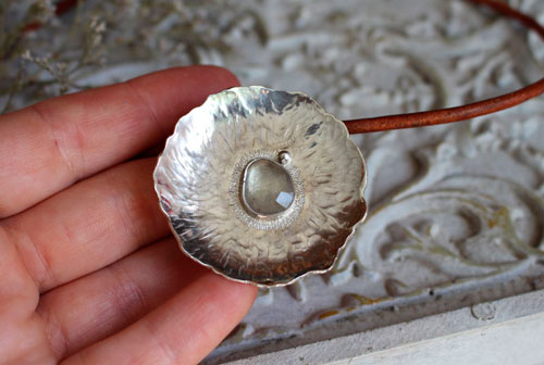 Water lily in the rain, aquatic leaf necklace in silver and sapphire