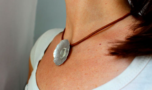 Water lily in the rain, aquatic leaf necklace in silver and sapphire