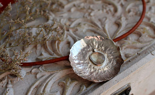 Water lily in the rain, aquatic leaf necklace in silver and sapphire