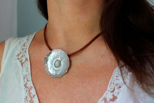 Water lily in the rain, aquatic leaf necklace in silver and sapphire