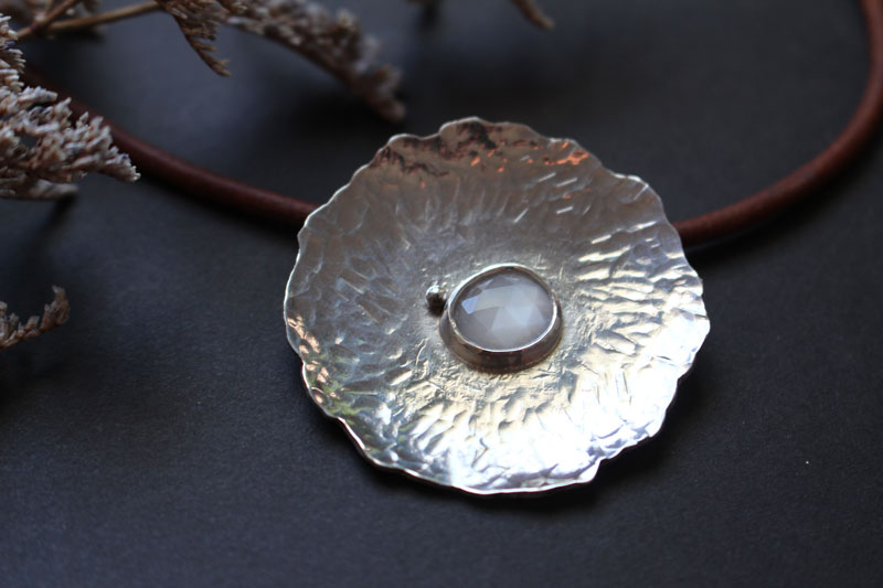 Water lily under the moon, lotus leaf necklace in silver and moonstone