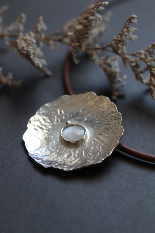 Water lily under the moon, lotus leaf necklace in silver and moonstone