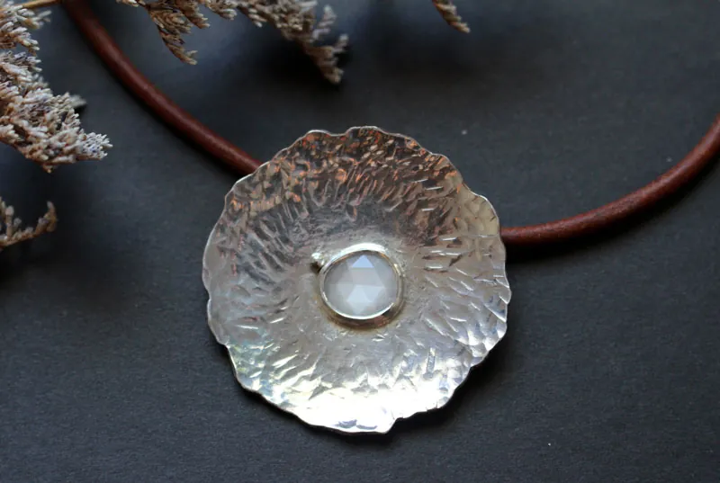 Water lily under the moon, lotus leaf necklace in silver and moonstone