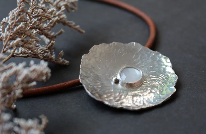 Water lily under the moon, lotus leaf necklace in silver and moonstone