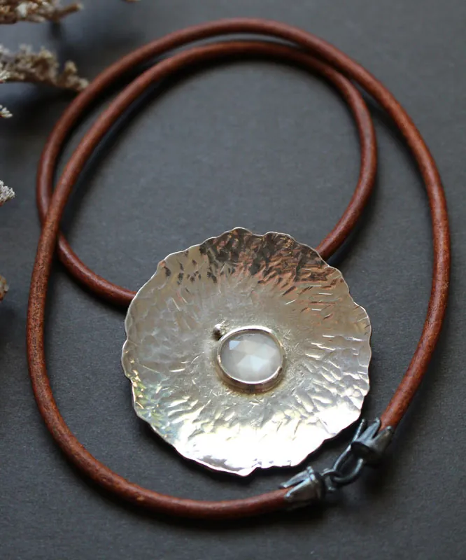 Water lily under the moon, lotus leaf necklace in silver and moonstone