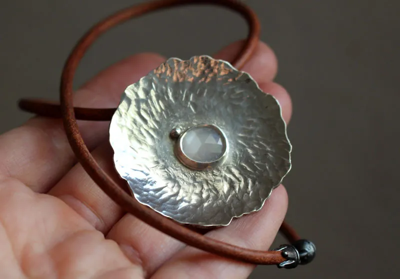 Water lily under the moon, lotus leaf necklace in silver and moonstone